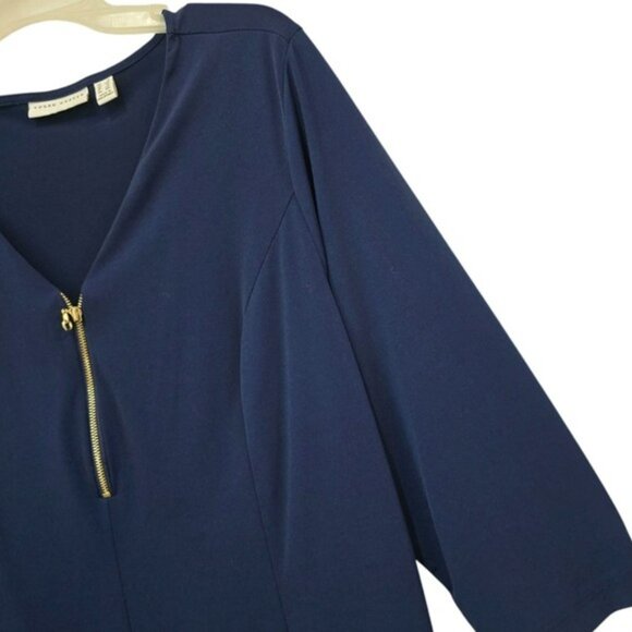Susan Graver Women's Blouse Size 1X Navy Blue Gold Zipper Office Stretchy V Neck - Picture 3 of 14